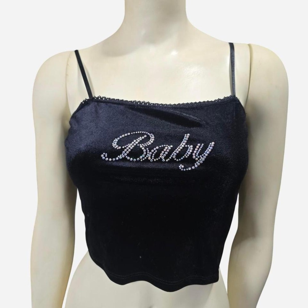Forever 21 Cami Top‎ Womens Small Black Rhinestone Baby Velvet Crop